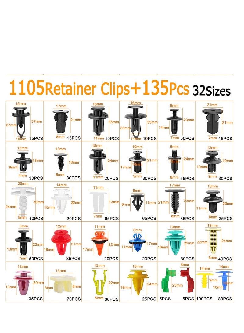 1240 Pcs Car Retainer Clips & Fasteners Kit – 32 Universal Sizes Nylon Bumper, Fender Rivets, Door Panel Clips, and Plastic Rivets with 10 Cable Ties and Removal Tool for Toyota, Ford, Honda, Chevy - Image 2